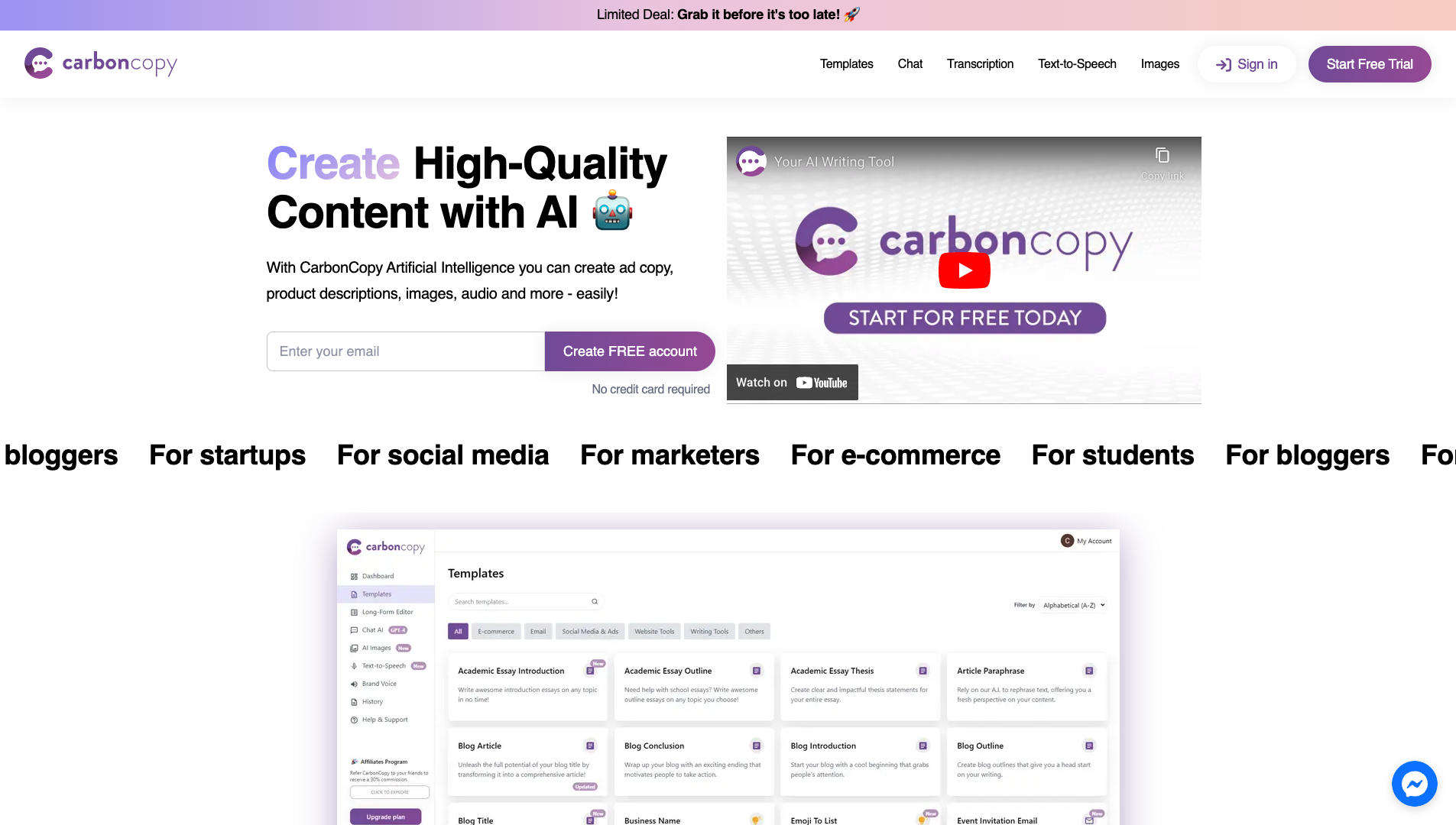 Screenshot of CarbonCopy Homepage