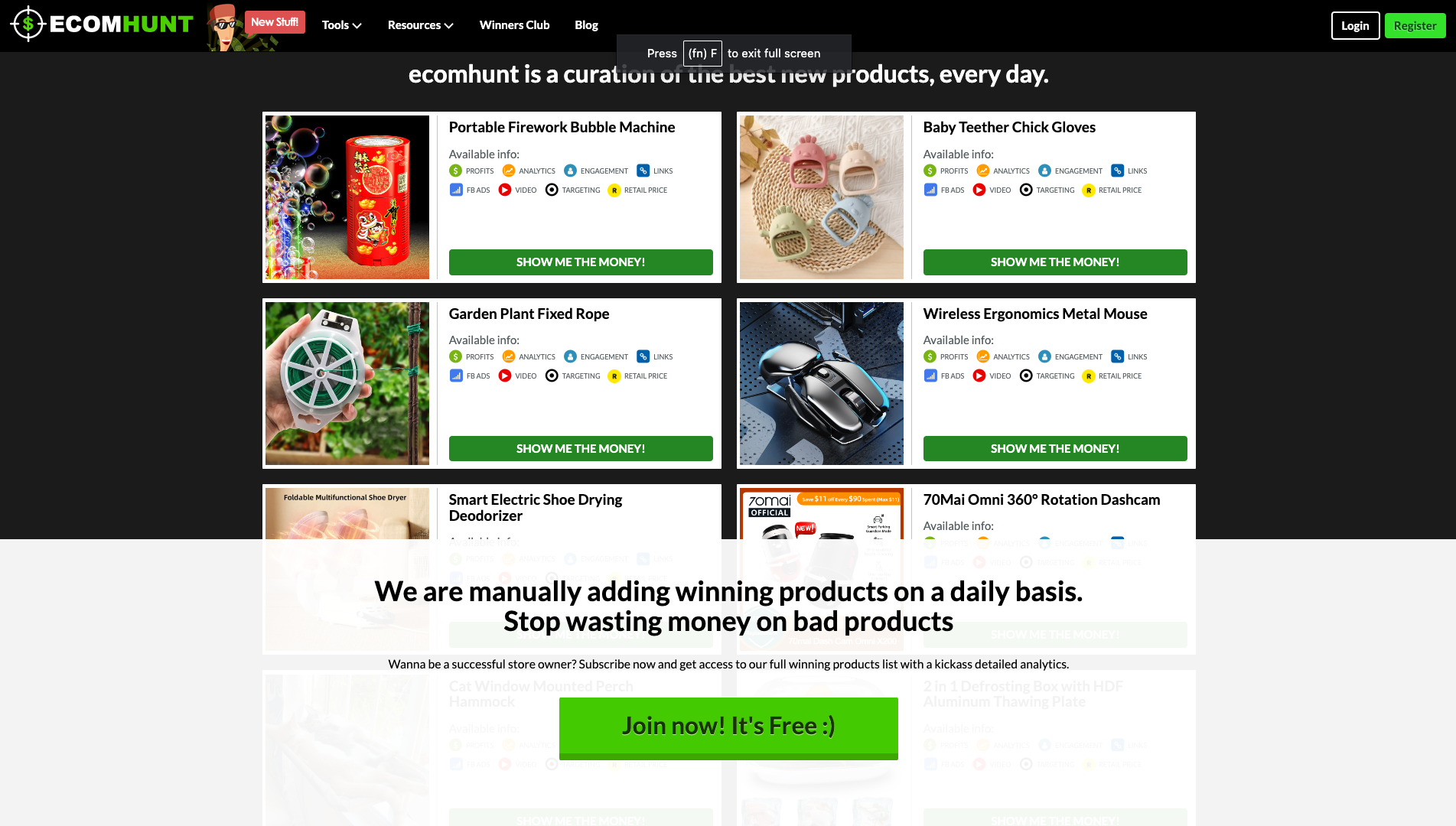 Screenshot of Ecomhunt Homepage