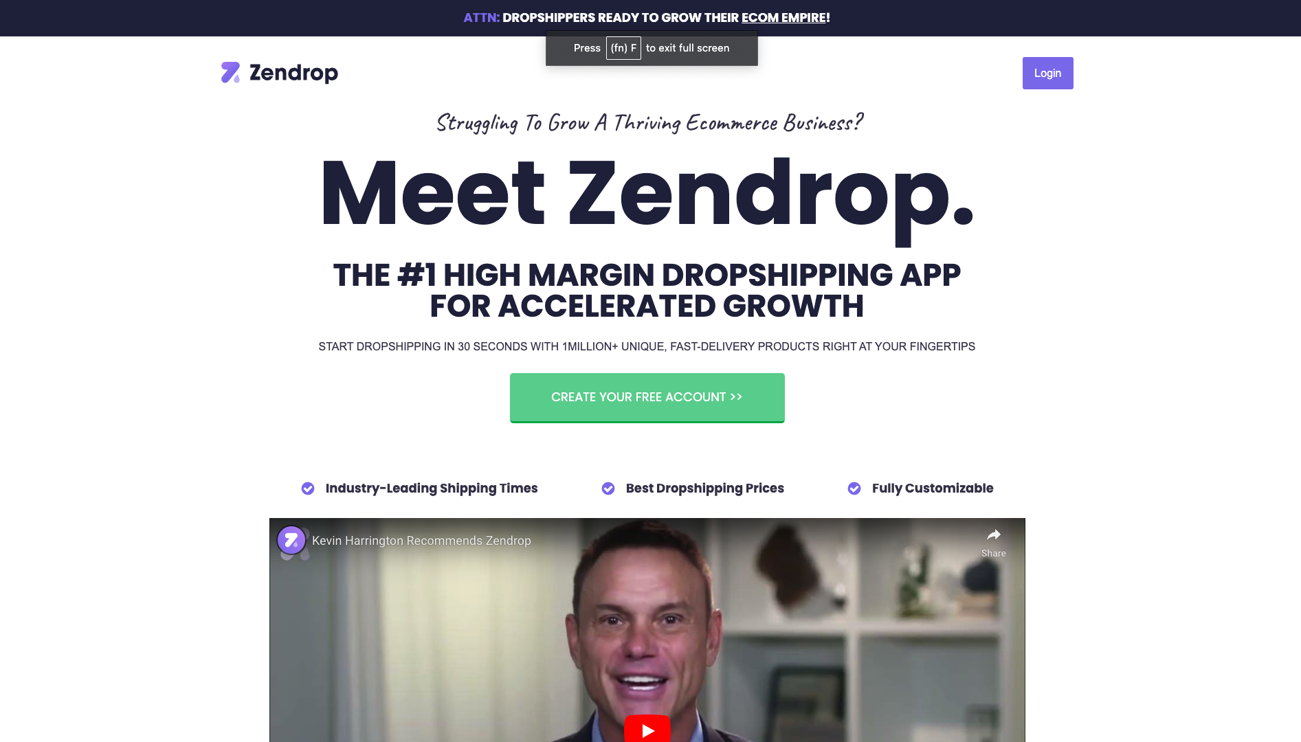 Screenshot of Zendrop Homepage
