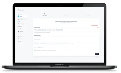 AutoWrite website displayed on a Macbook