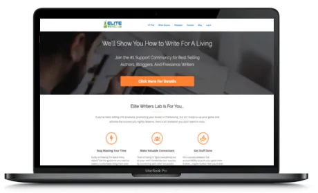 Elite Writers Lab website displayed on a Macbook