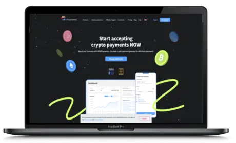 NOWPayments website displayed on a Macbook