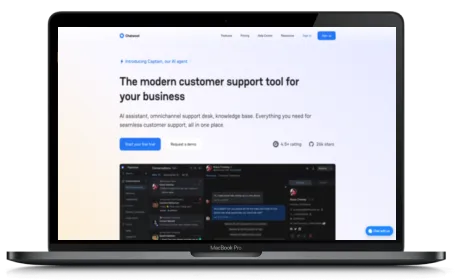 Chatwoot website displayed on a Macbook