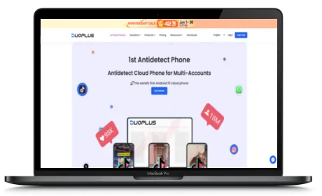 DuoPlus website displayed on a Macbook