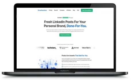 Growthwriters website displayed on a Macbook