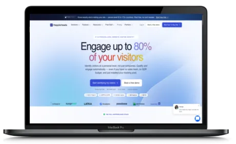 Happierleads website displayed on a Macbook