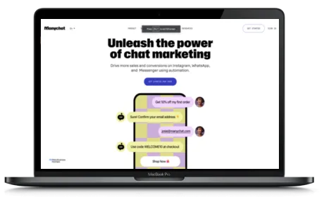 ManyChat website displayed on a Macbook