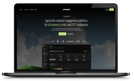 Markopolo AI website displayed on a Macbook