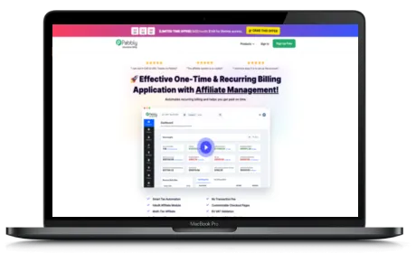 Pabbly Subscription Billing website displayed on a Macbook