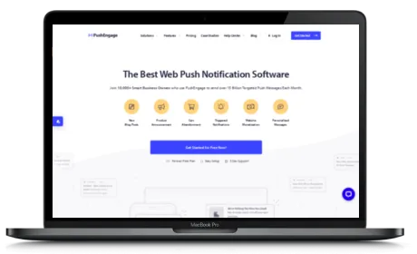 PushEngage website displayed on a Macbook