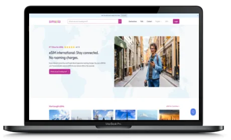 SimSolo website displayed on a Macbook