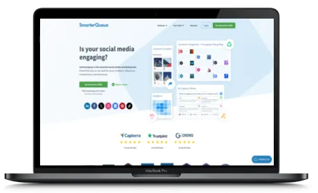 SmarterQueue website displayed on a Macbook