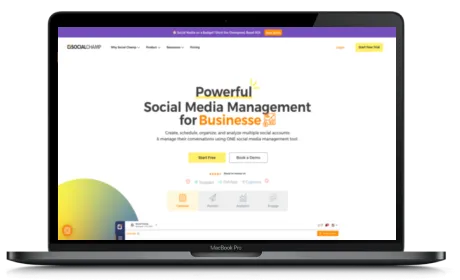 Social Champ website displayed on a Macbook