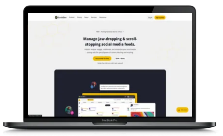 SocialBee website displayed on a Macbook