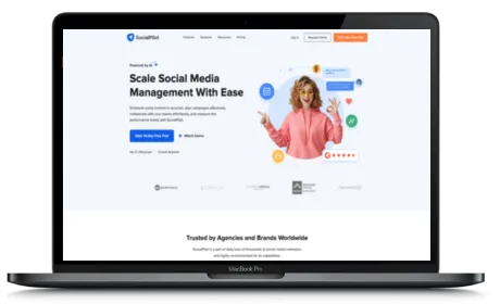 SocialPilot website displayed on a Macbook