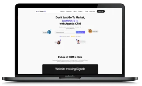 SuperAGI website displayed on a Macbook