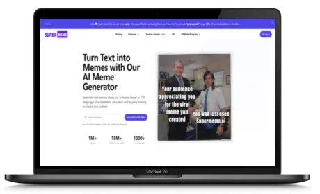 SuperMeme website displayed on a Macbook