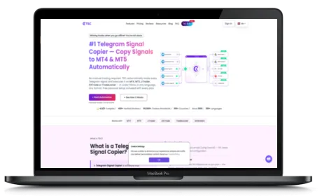 TelegramSignalCopier website displayed on a Macbook