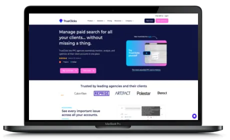 TrueClicks website displayed on a Macbook