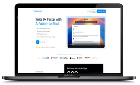 VoiceType AI website displayed on a Macbook