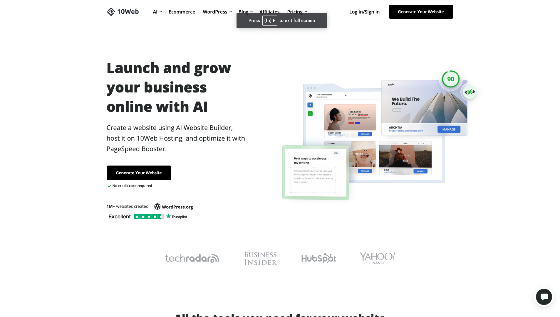 Screenshot of the 10Web website