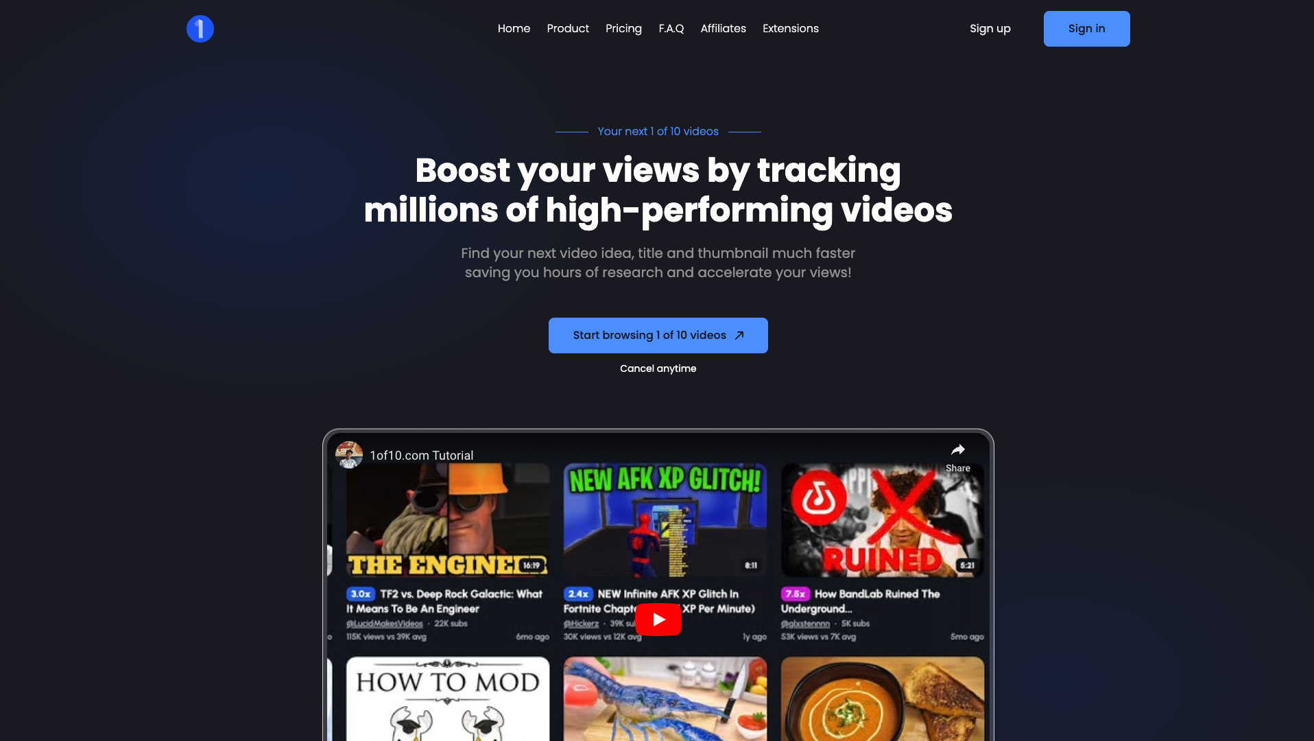 Screenshot of the 1of10 website