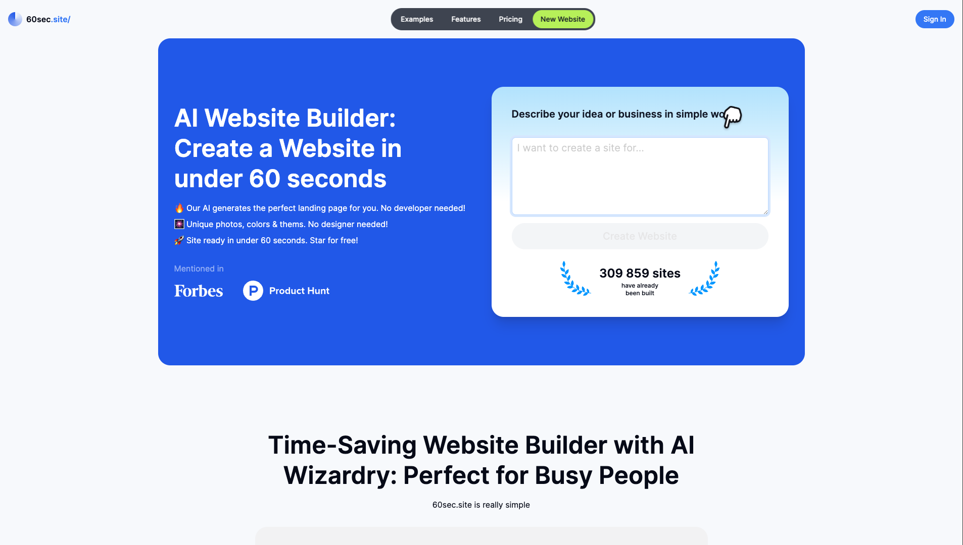 Screenshot of the 60sec.site website