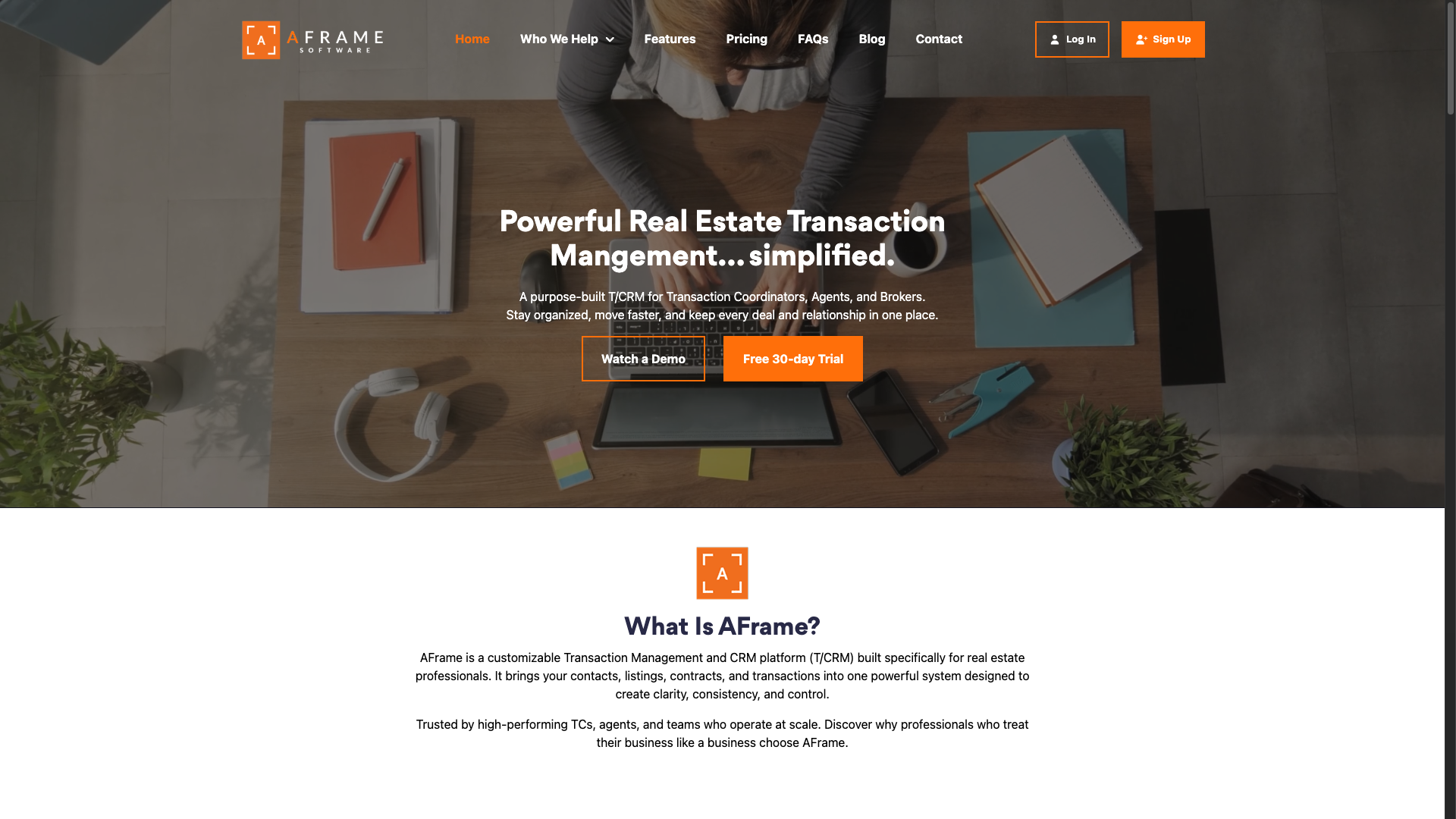 Screenshot of the a Frame Software website