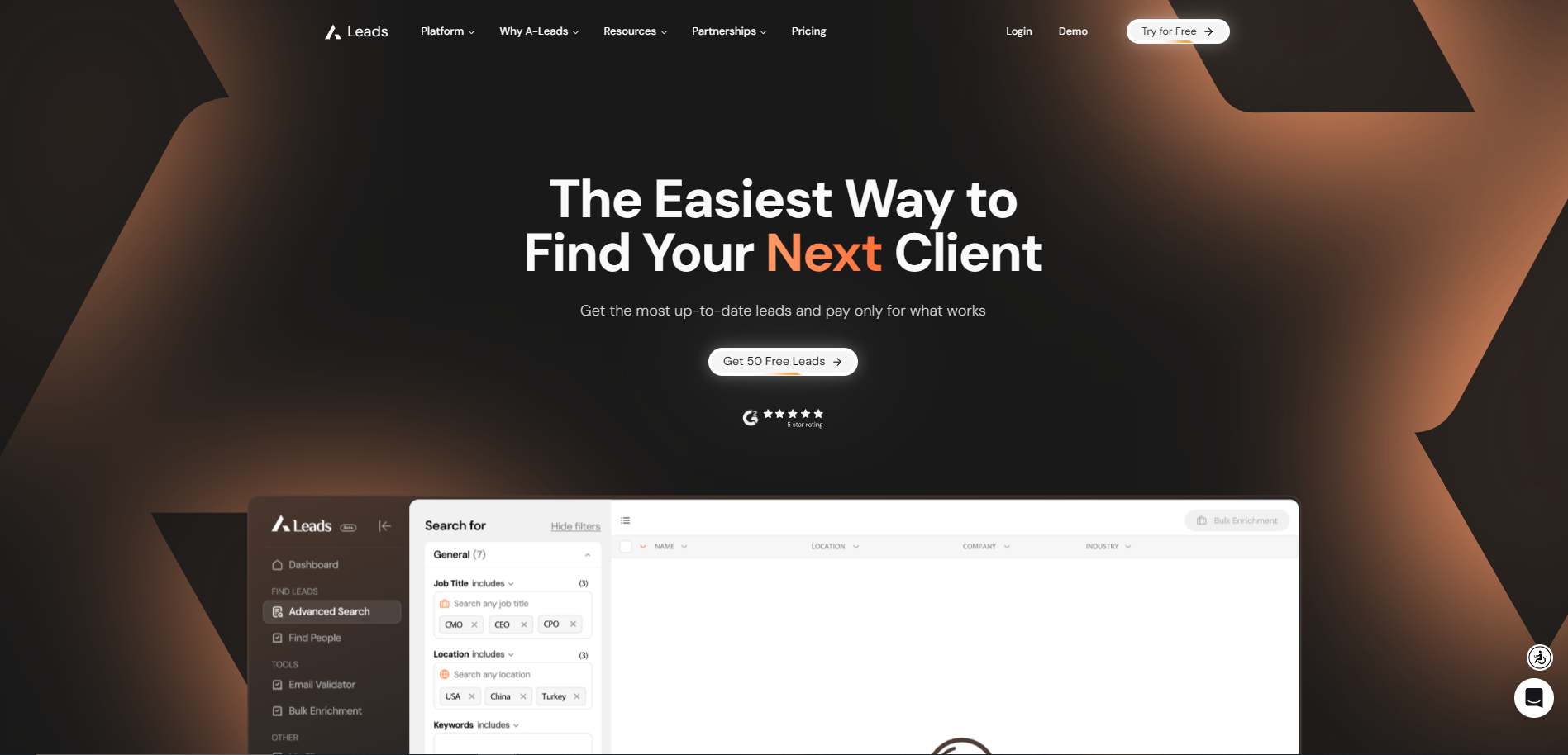 Screenshot of the A-Leads website