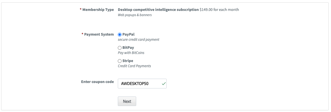 Adplexity Desktop Coupon Code Field