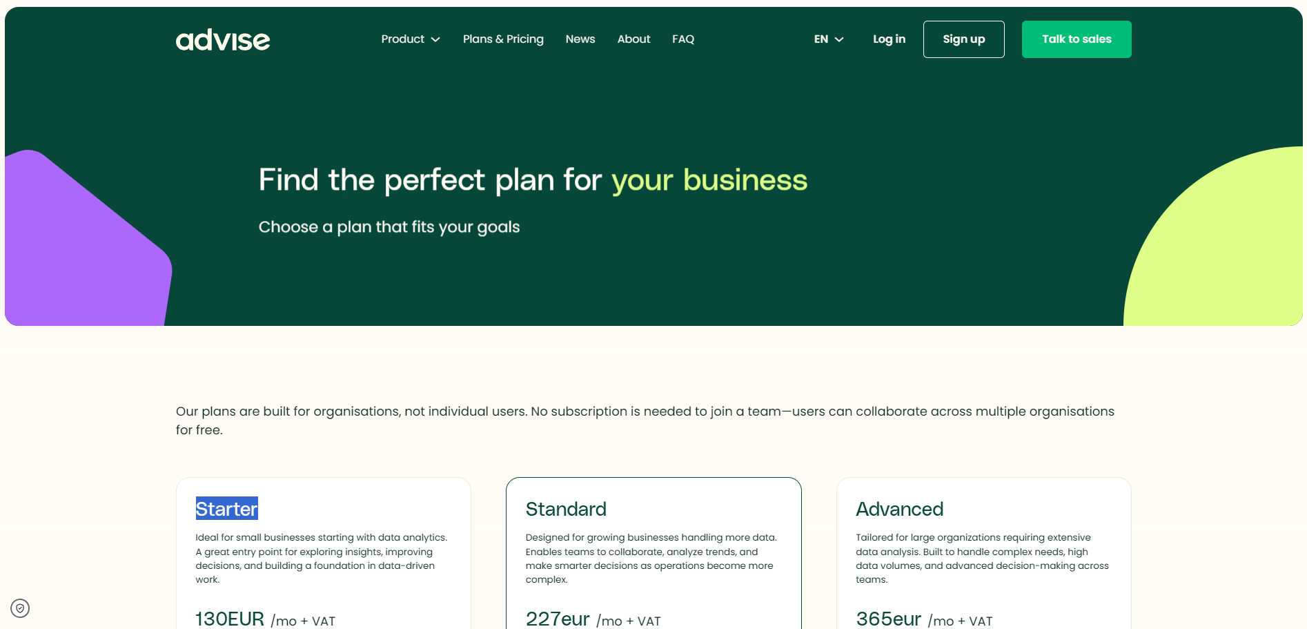 Screenshot of the Advise website