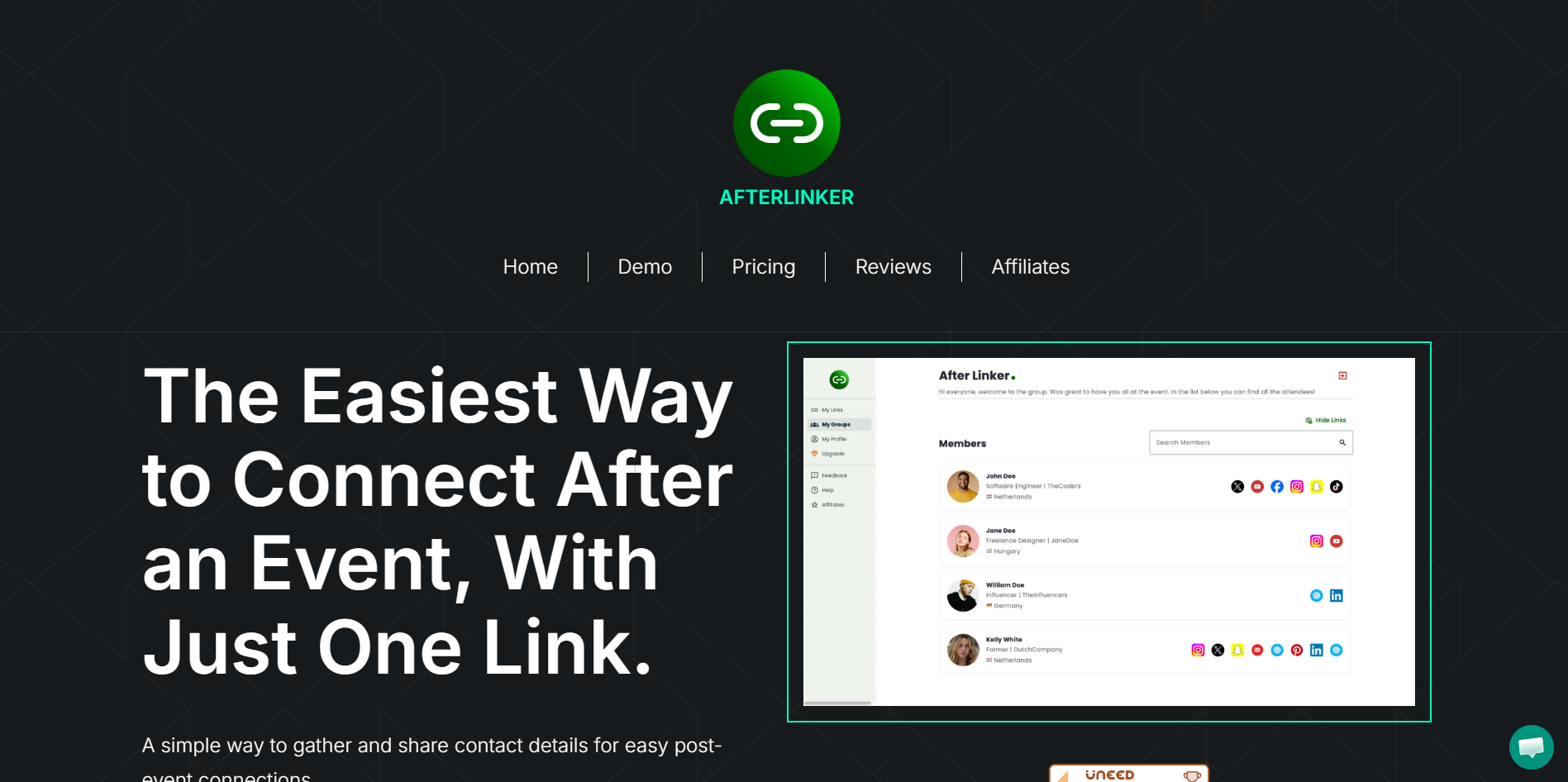 Screenshot of the AfterLinker website