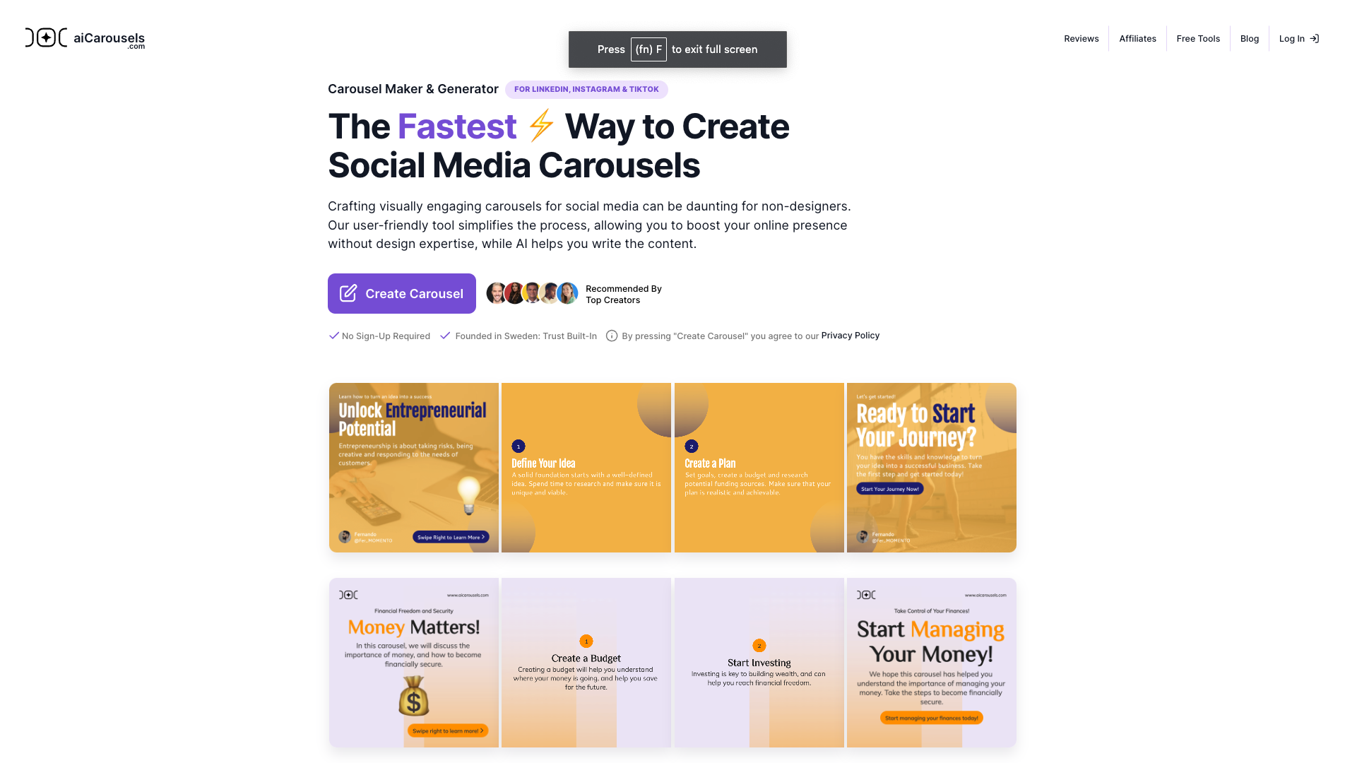 Screenshot of the aiCarousels website