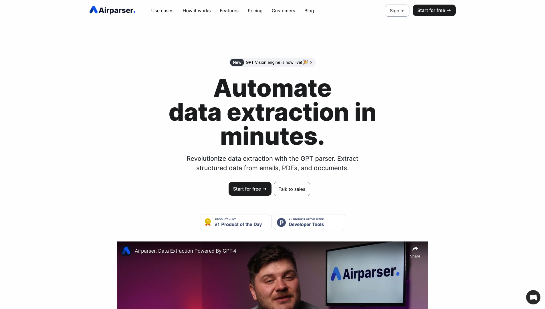 Screenshot of the Airparser website