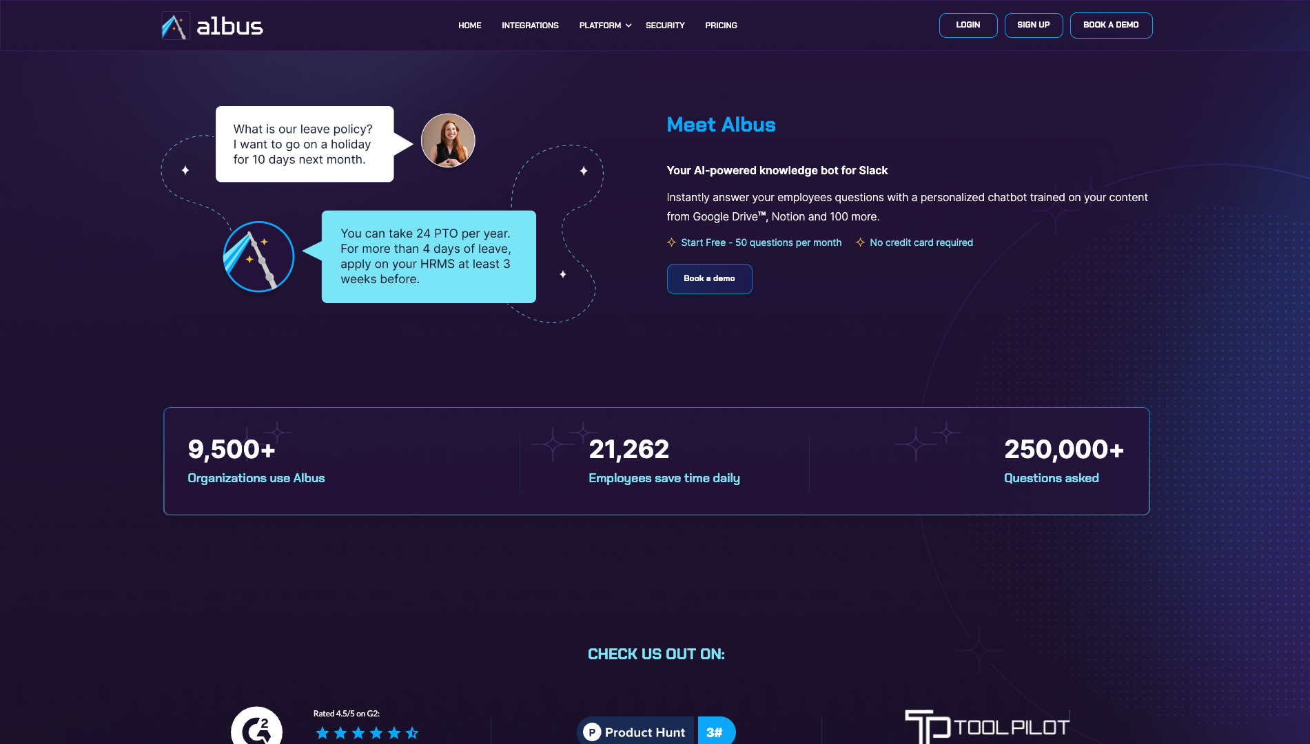 Screenshot of the Albus website