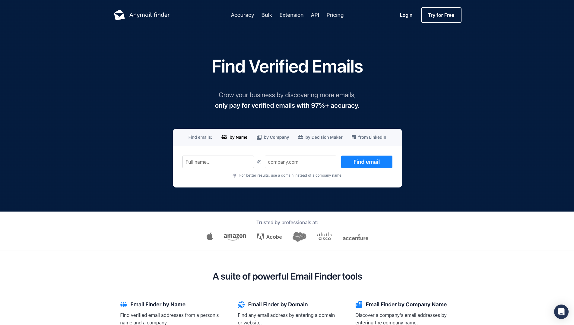 Screenshot of the Anymail Finder website