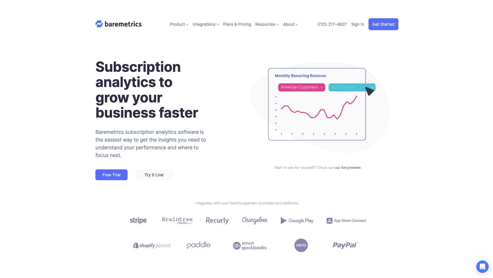 Screenshot of the Baremetrics website