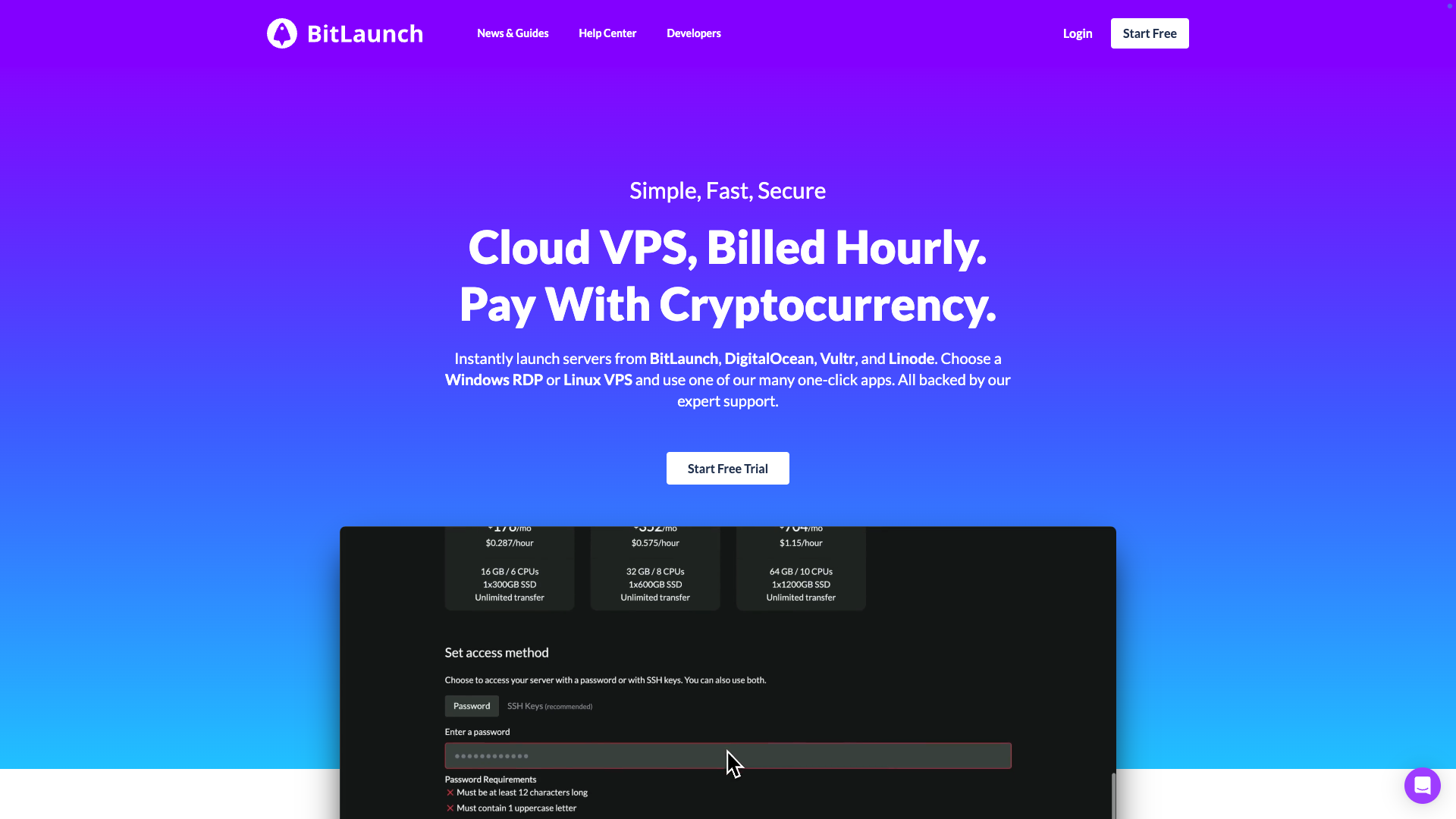 Screenshot of the BitLaunch website