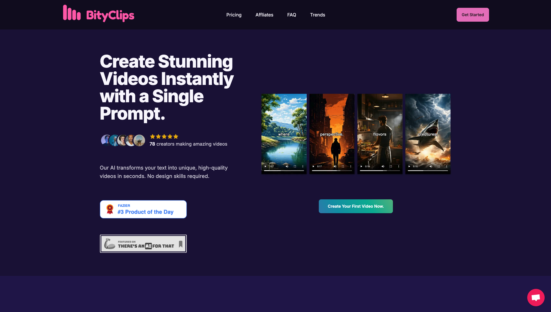 Screenshot of the BityClips website