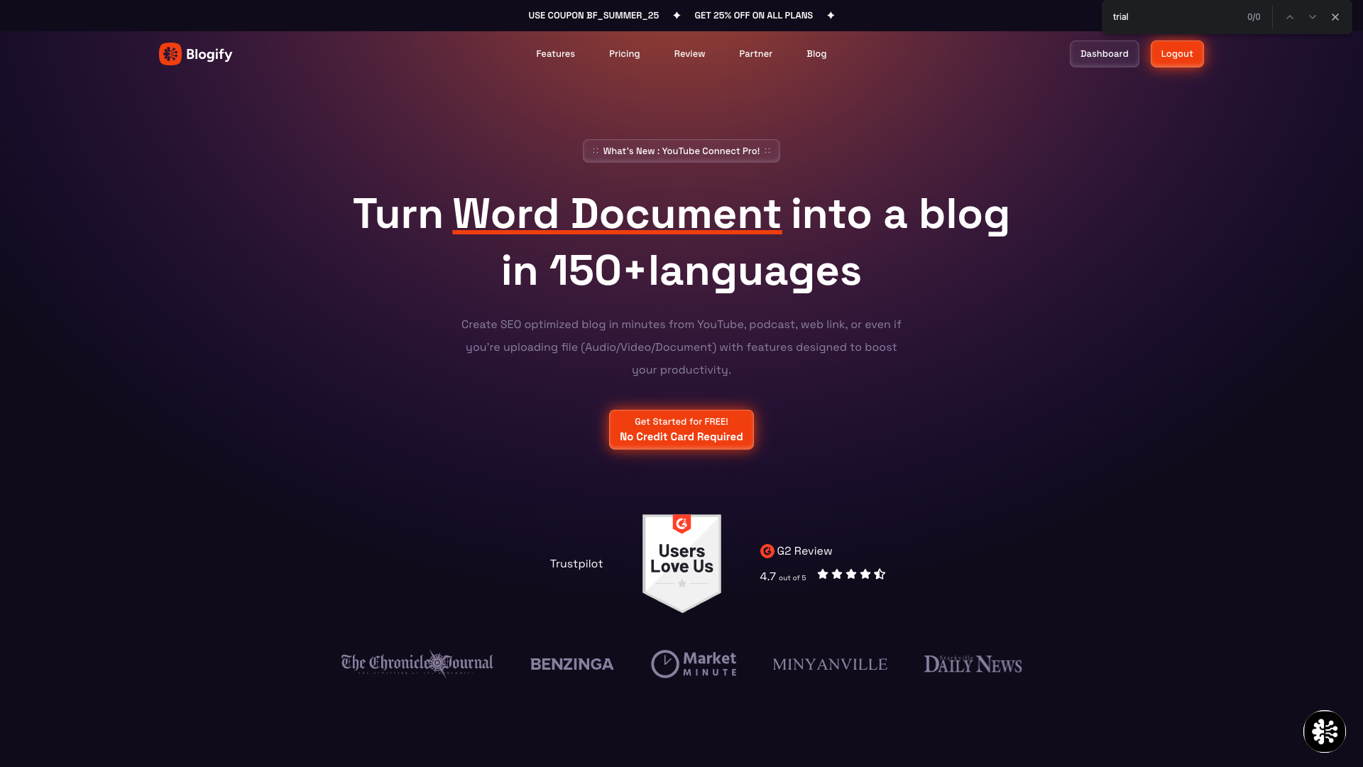 Screenshot of the Blogify website