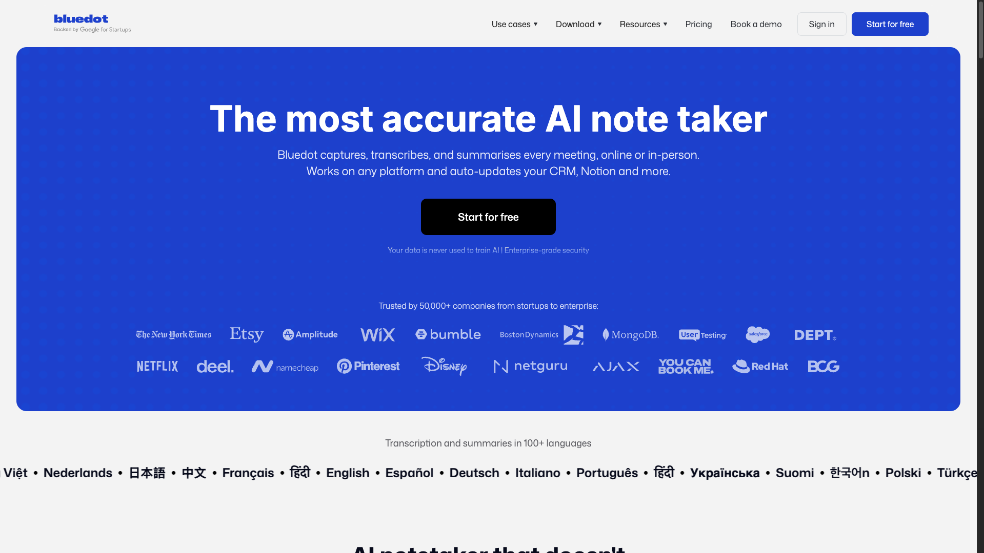 Screenshot of the Bluedot website