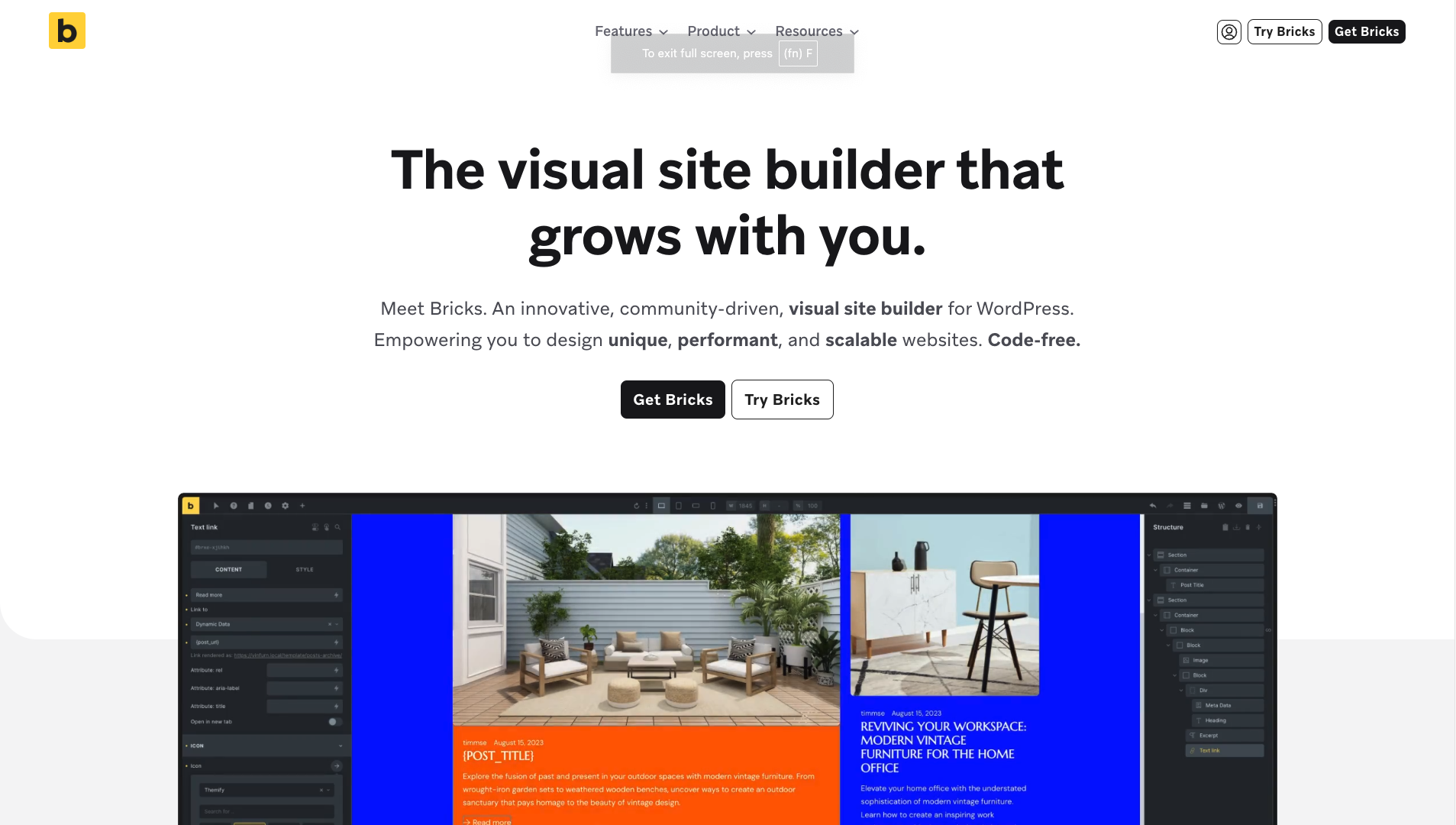 Screenshot of Bricks Builder Homepage