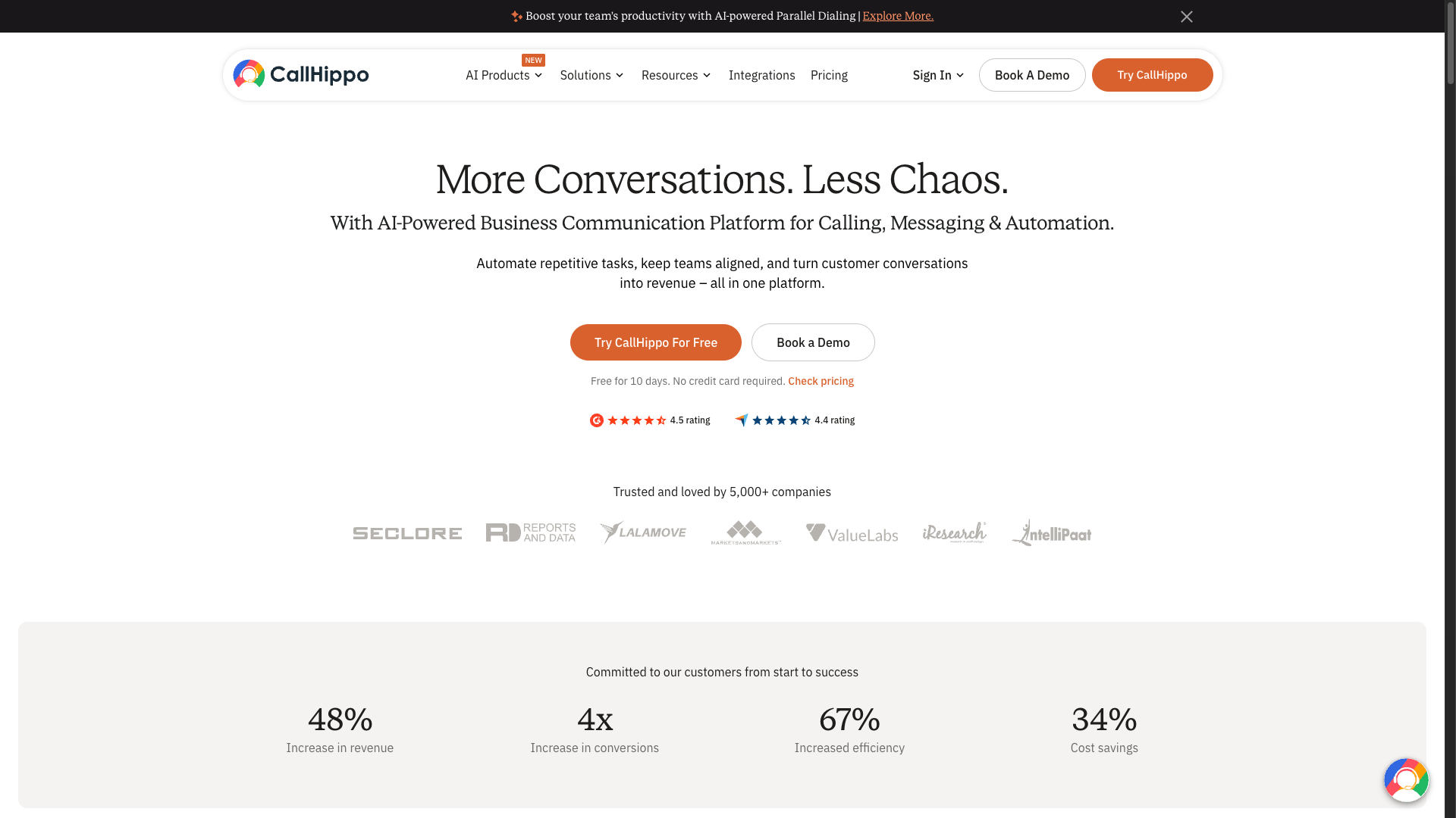 Screenshot of the CallHippo website