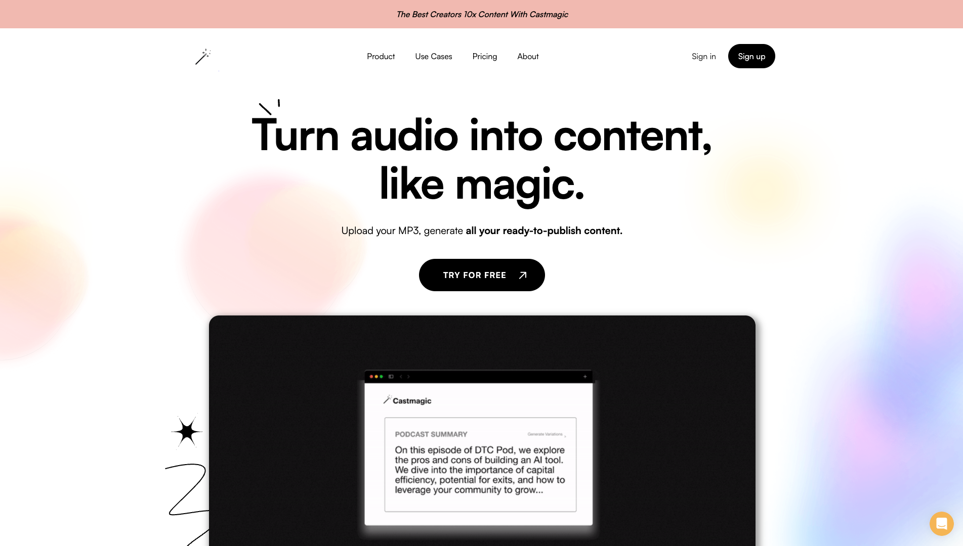 Screenshot of the Castmagic website