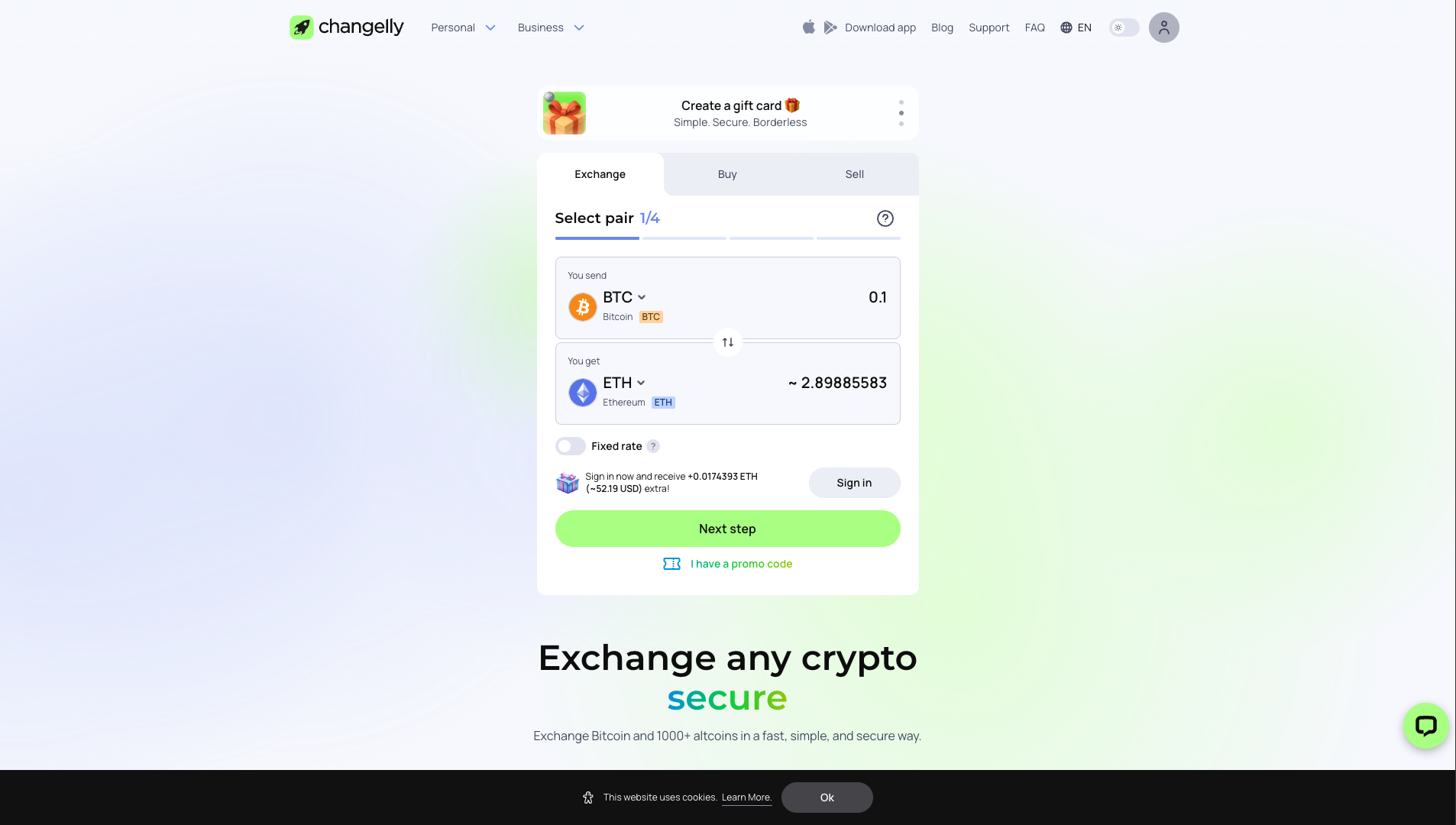 Screenshot of the Changelly website