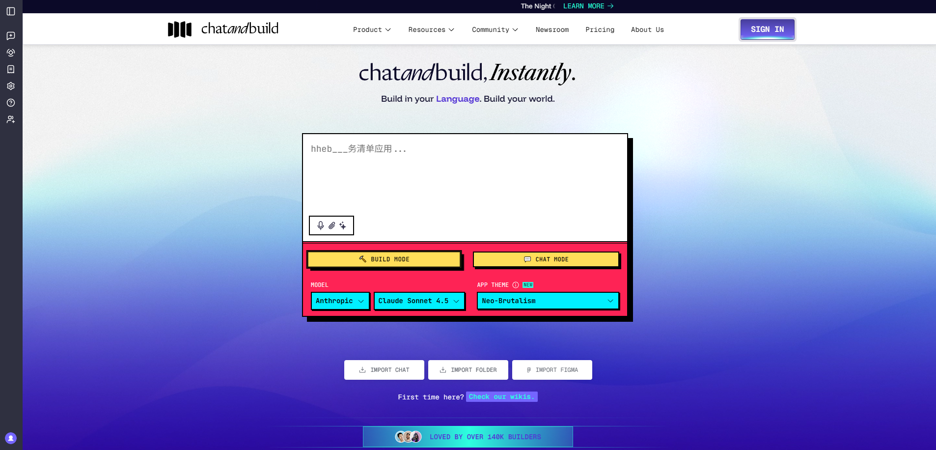 Screenshot of the Chatandbuild website