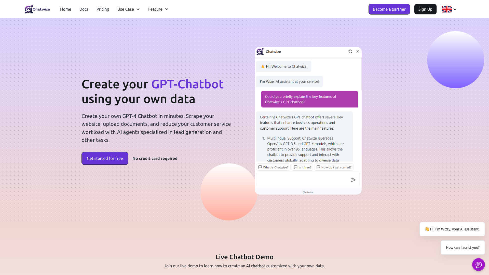 Screenshot of the Chatwize website