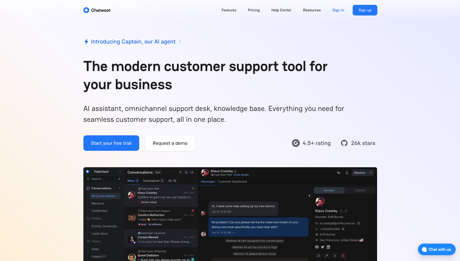 Screenshot of the Chatwoot website