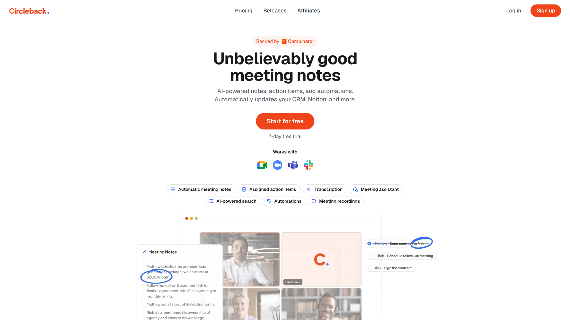 Screenshot of the Circleback website