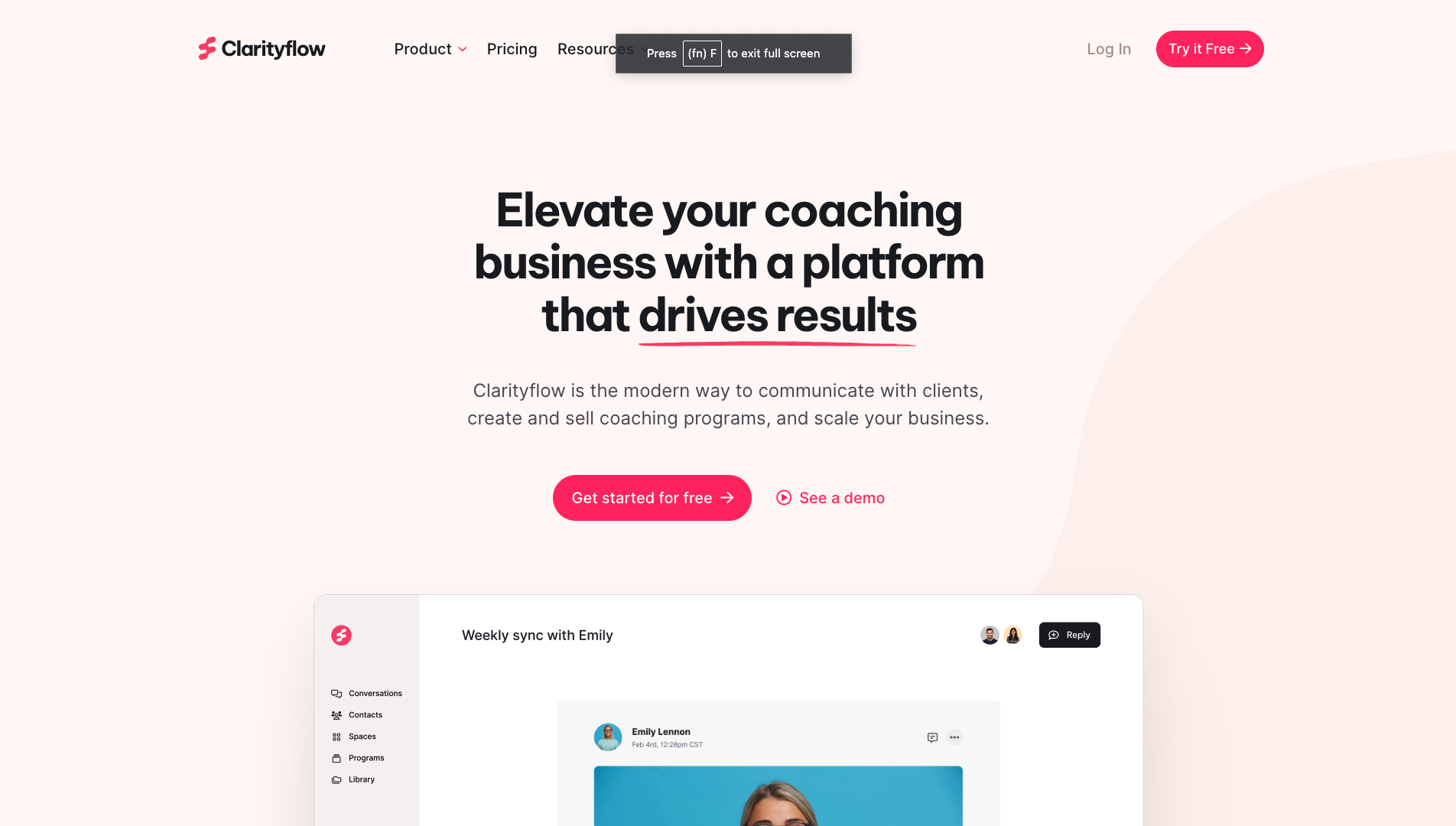 Screenshot of the Clarityflow website